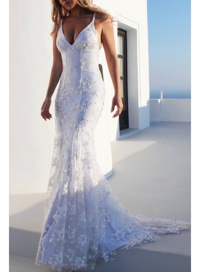 2024 Charming White Sheath V Neck Lace Up Lace Prom Dresses