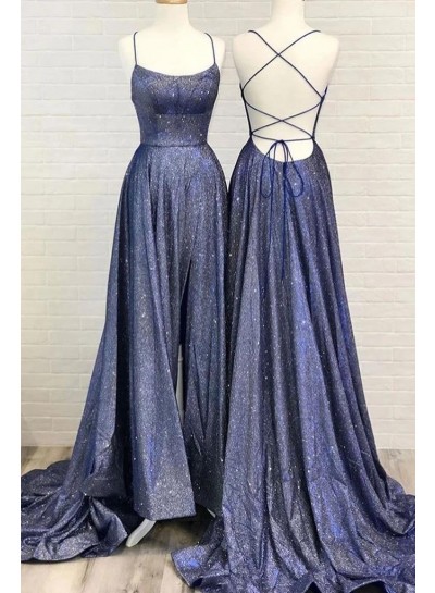 A Line Lace Up Purple Scoop Spaghetti Straps Sequence Prom Dresses 2024