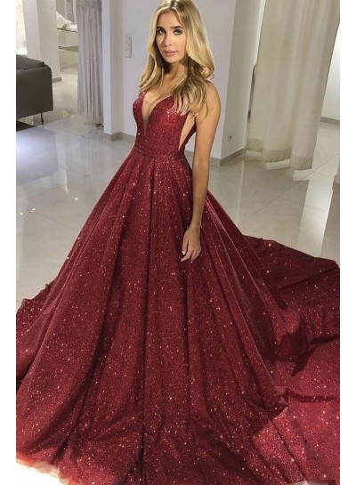 Charming A Line V Neck Burgundy Bling Bling Sequence Long Prom Dresses 2024
