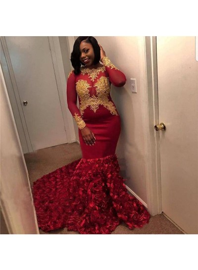 Sexy Red Long Sleeves Mermaid Rose With Gold Appliques 2023 Prom Dresses