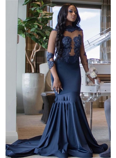 Alluring Dark Navy Mermaid Long Sleeves Prom Dresses With Appliques 2023