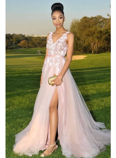 2024 Elegant A Line Side Slit Tulle Blush Pink V Neck Lace Prom Dresses