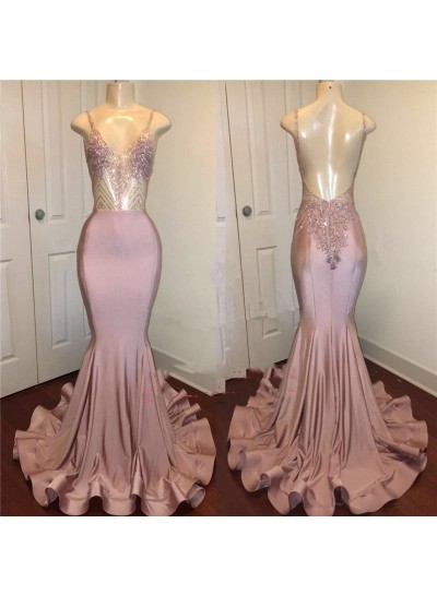 Charming Sheath Dusty Rose Beaded V Neck Backless Prom Dresses 2024