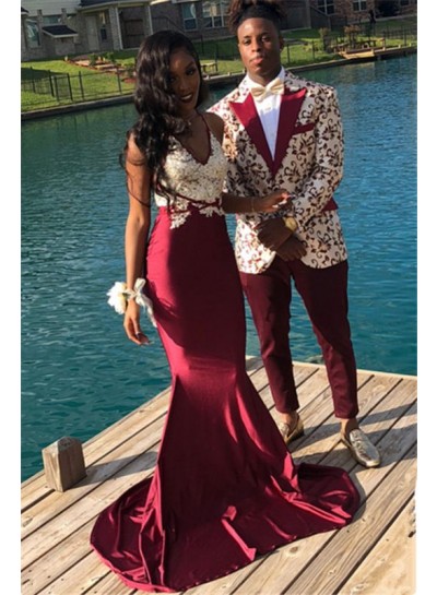 2024 New Arrival Mermaid Burgundy With White Lace Halter Prom Dresses