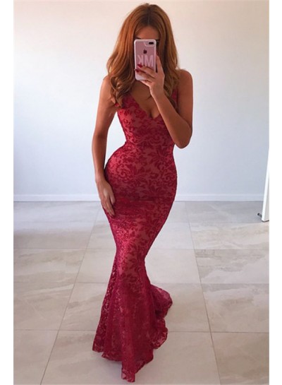 Sexy Mermaid V Neck Red Lace Backless 2023 Prom Dresses