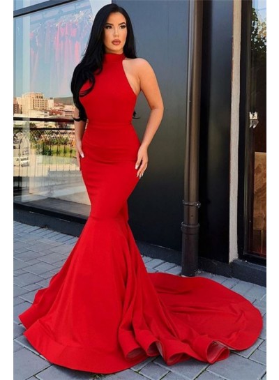 Charming Red Satin Mermaid High Neck Backless Prom Dresses 2023