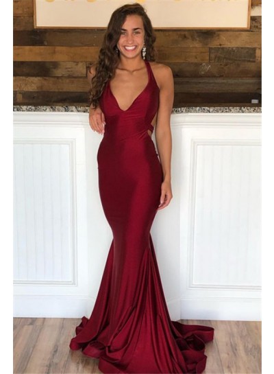 Sexy Burgundy Mermaid Satin Backless Halter V Neck Prom Dresses 2024