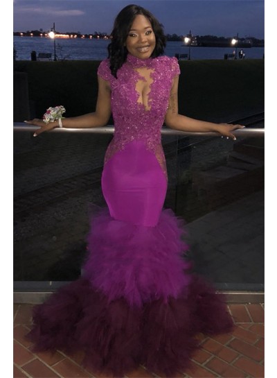 2023 Sexy Lilac Mermaid High Neck Tulle Open Front Layered Backless Prom Dresses