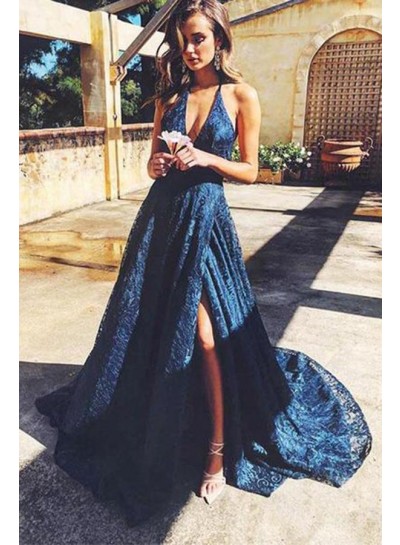 A Line V Neck Side Slit Lace Royal Blue Lace Prom Dresses 2024