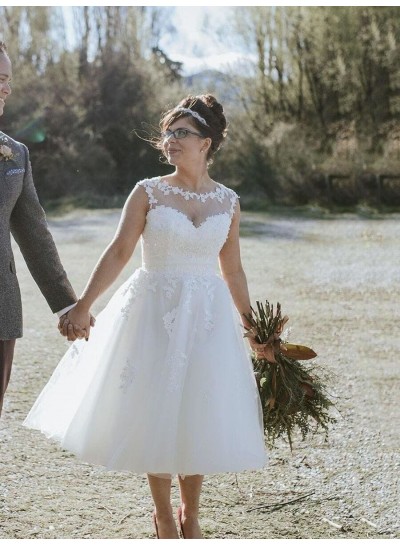 2023 A Line Tulle With Appliques Tea Length Short Plus Size Wedding Dresses