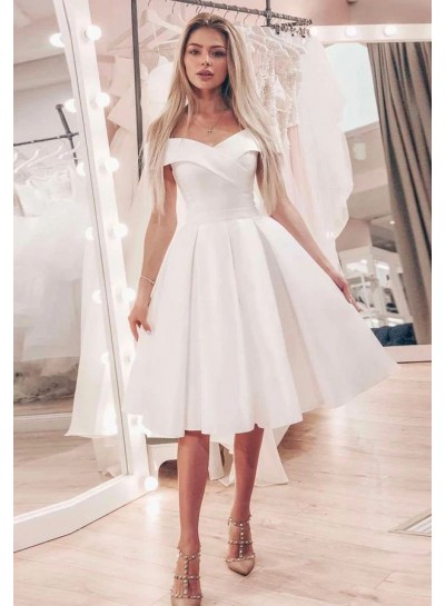 A Line Off Shoulder Knee Length Satin Short Wedding Dresses 2024
