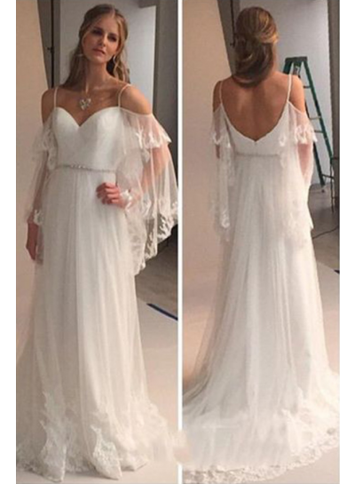 2023 A Line Tulle Sweetheart Straps With Appliques Bell Sleeves Beach Wedding Dresses