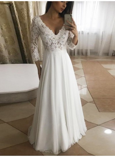2024 A Line Chiffon V Neck Long Sleeves Floor Length Lace Beach Wedding Dresses