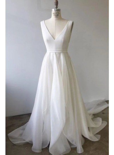 2024 A Line V Neck Organza Backless Wedding Dresses