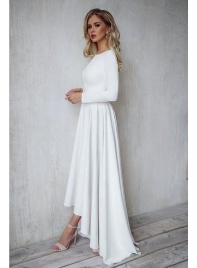 A Line High Low Long Sleeves Bateau Satin Beach Wedding Dresses 2024