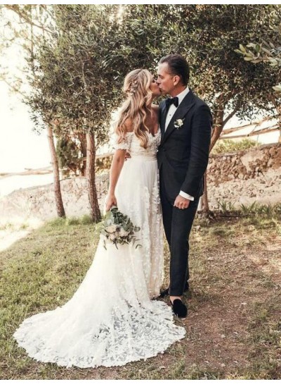 A Line Sweetheart Off Shoulder Long Lace Beach Wedding Dresses 2024