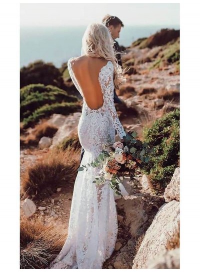 2024 Sexy Sheath Long Sleeves Backless Lace Beach Wedding Dresses