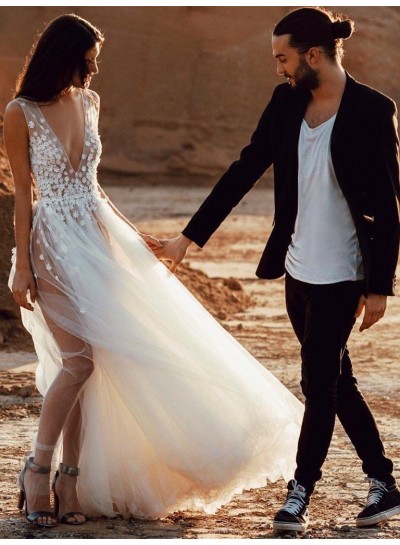 A Line Deep V Neck Tulle Silt Appliques Beach Wedding Dresses 2024