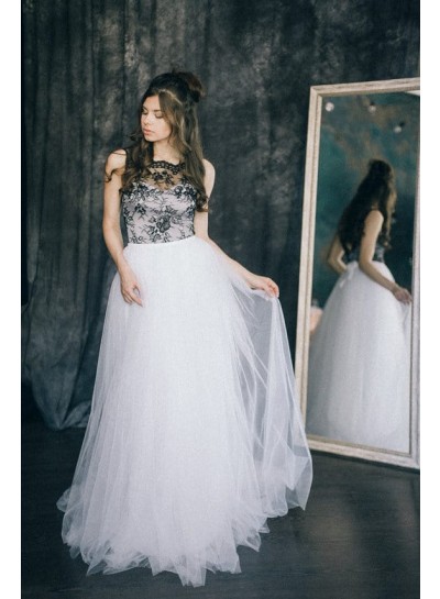 A Line Tulle Black With White Lace Beach Wedding Dresses 2023