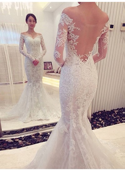 Mermaid Off Shoulder Sweetheart Back Mesh Long Sleeves Lace Wedding Dresses 2024
