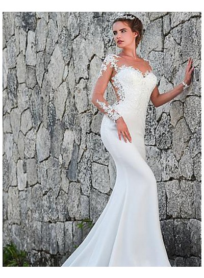 Top Mesh Long Sleeves Elastic Satin With Appliques Sweetheart Wedding Dresses 2023