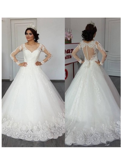 2023 A Line Tulle With Appliques Bowknot Long Sleeves Sweetheart Mesh Wedding Dresses