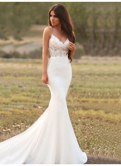 Mermaid Sweetheart Spaghetti Straps Satin Lace Empire Chapel Train Wedding Dresses 2023