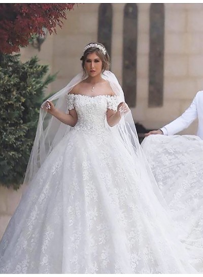2023 Off Shoulder Lace Up Back White Capped Sleeves Sweetheart Long Lace Ball Gown Wedding Dresses