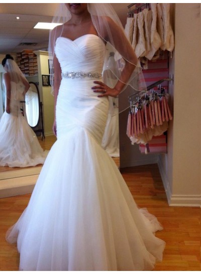 White Mermaid Lace Up Back Beaded Sash Sweetheart Ruched Tulle Wedding Dresses