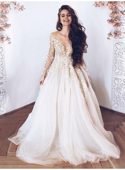 A Line Tulle With Appliques Sweetheart Sweep Train Beach Wedding Dresses 2023