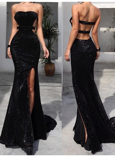Black Mermaid Side Slit Backless Sequence Sweetheart Long Prom Dress 2023