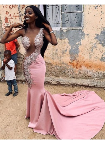 2023 Pink One Shoulder Beaded Mermaid Long Train See Through Prom Dress