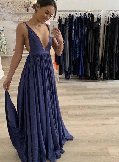 2023 A Line Navy Blue Deep V Neck Ruffles Floor Length Backless Prom Dress