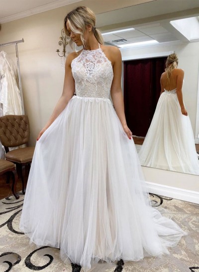 A Line White Hater Tulle With Lace Backless Long Prom Dress 2023
