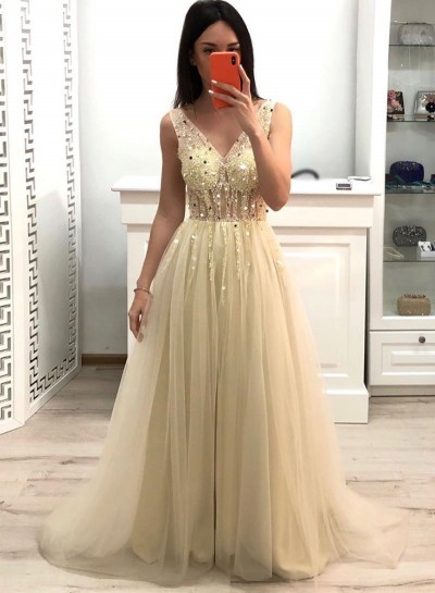 2023 A Line V Neck Tulle Beaded Long Ivory Prom Dress
