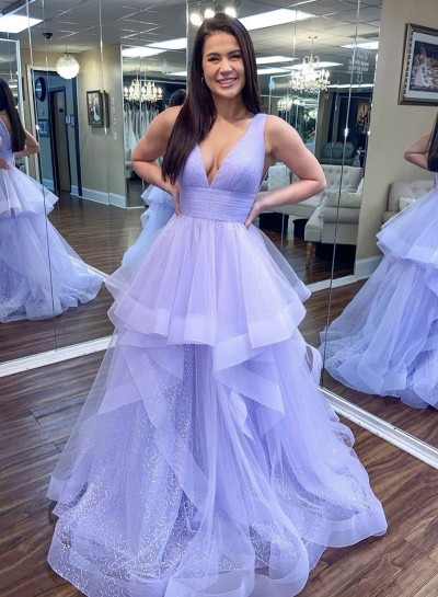2023 A Line V Neck Lavender Ruffles Layered Long Prom Dress