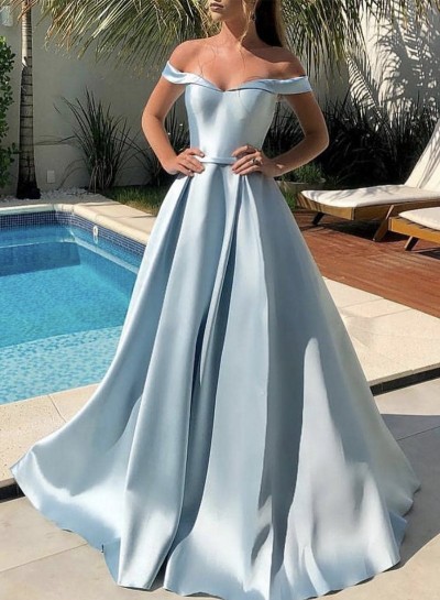 A Line Elastic Satin Light Sky Blue Off Shoulder Long Prom Dress 2023