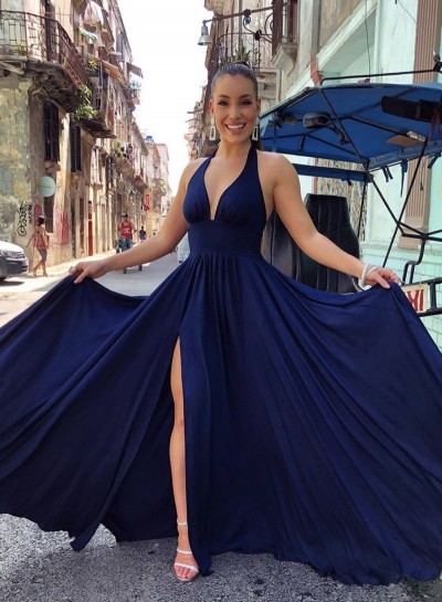 A Line Dark Navy Sweetheart Halter Side Slit Long 2023 Prom Dress