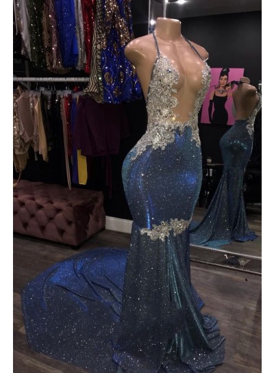 Sheath 2024 Blue Open Front Backless Long Halter Prom Dress