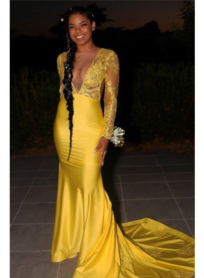 2023 Sheath Elastic Satin Long Yellow Long Sleeves Open Front Lace Prom Dress