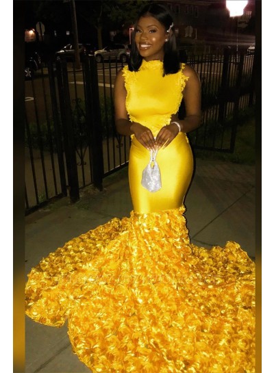 2024 Yellow Mermaid Rose Floral Long Prom Dress