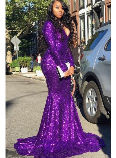 2023 Purple Sequence Long Sleeves Long Mermaid Prom Dress