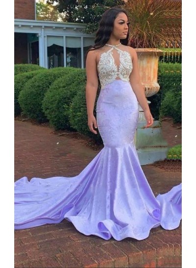 2023 Mermaid Lavender Halter Beaded Long Prom Dress