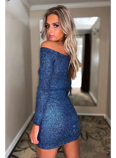 2023 Sheath Long Sleeves Off Shoulder Navy Blue Short Homecoming Dresses