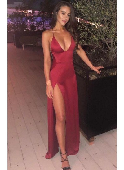 A Line Burgundy Deep V Neck Halter Side Slit Long Prom Dresses 2024