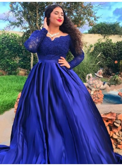 Long Sleeves Royal Blue Lace Up Back Sweetheart Plus Size Prom Dresses 2023