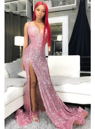 Pink Sheath Sweetheart Side Slit Sequence Long Prom Dresses 2023