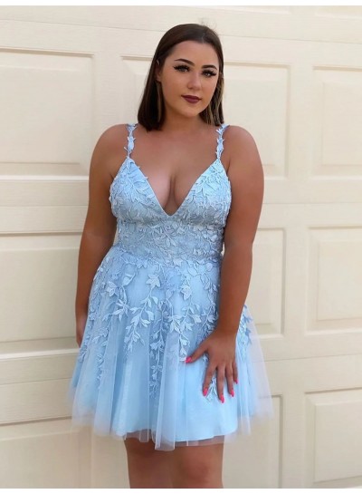 2023 A Line Light Sky Blue Sweetheart Tulle With Appliques Short Plus Size Homecoming Dresses