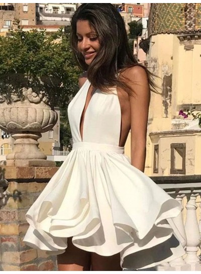 A Line Halter V Neck White Knee Length Backless Short Homecoming Dresses 2023