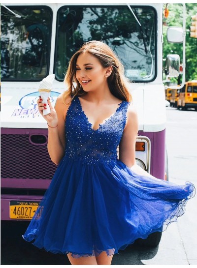 2023 A Line Tulle With Appliques V Neckline Royal Blue Short Plus Size Homecoming Dresses